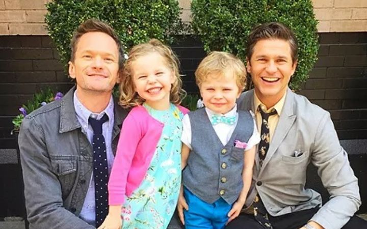 David Burtka with husband, Neil Patrick Harris with their twins, Harper Grace, and Gideon Scott. 